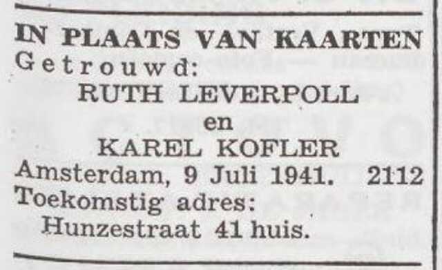 Bekendmaking van het huwelijk van Rosetta Leverpoll en Karl Kofler