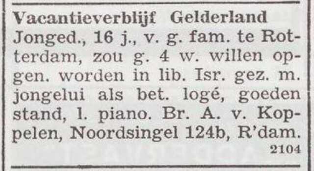 Advertentie van Elizabeth van Koppelen