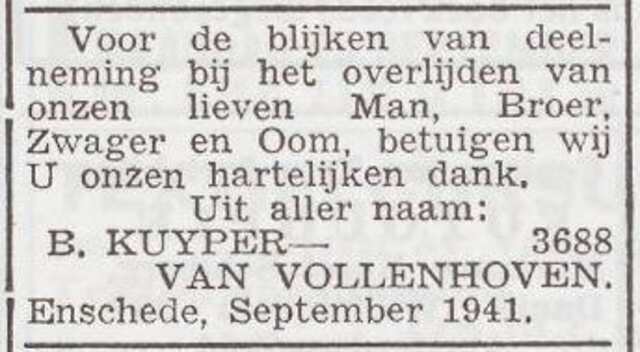Dankbetuiging van Elisabeth Kuijper-van Vollenhoven