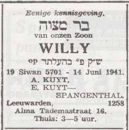 Aankondiging van de bar mitswa van Willy Kuijt