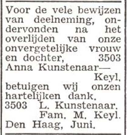 Dankbetuiging van Lion Kunstenaar en de familie M. Keyl