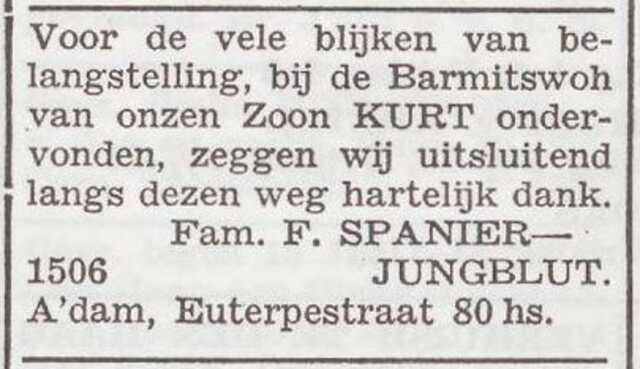 Dankbetuiging  van het gezin Spanier