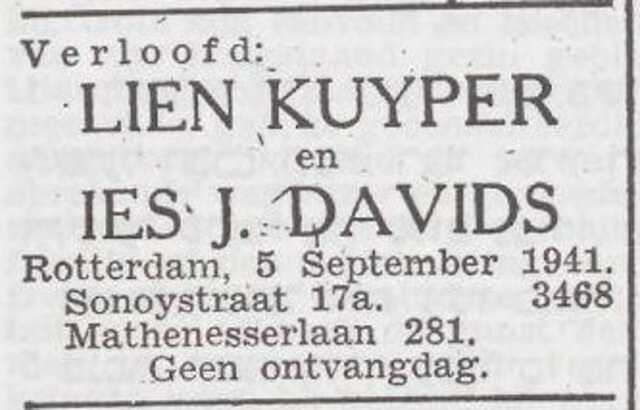 Bekendmaking van de verloving van Celine Kuyper en Ies Davids