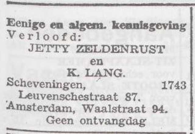 Bekendmaking van de verloving van Henriette Zeldenrust en K. Lang