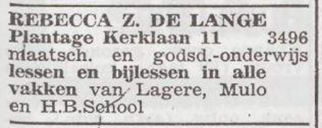 Advertentie van lerares Rebecca Zippora de Lange