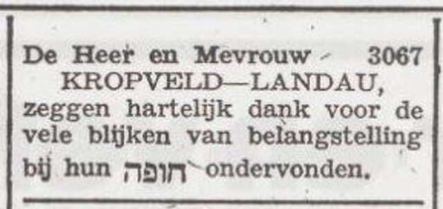 Dankbetuiging van het echtpaar Sara en Samuel Kropveld