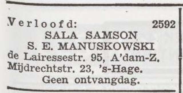 Bekendmaking van de verloving van Sura Samson en Samuel Manuskowski