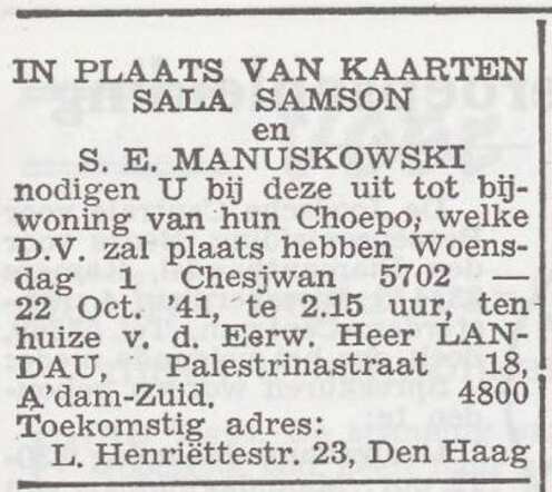 Aankondiging van de huwelijksinzegening van Samuel Manuskowski en Sala Samson