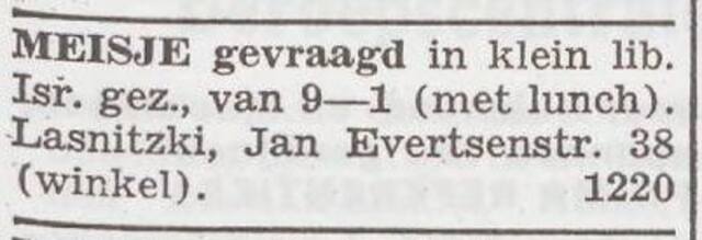 Advertentie van het gezin Isidor Lasnitzki
