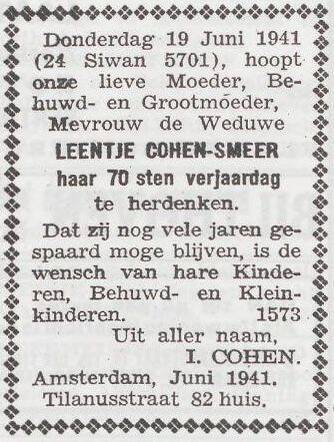 Viering van de 70ste verjaardag van Leentje Cohen-Smeer