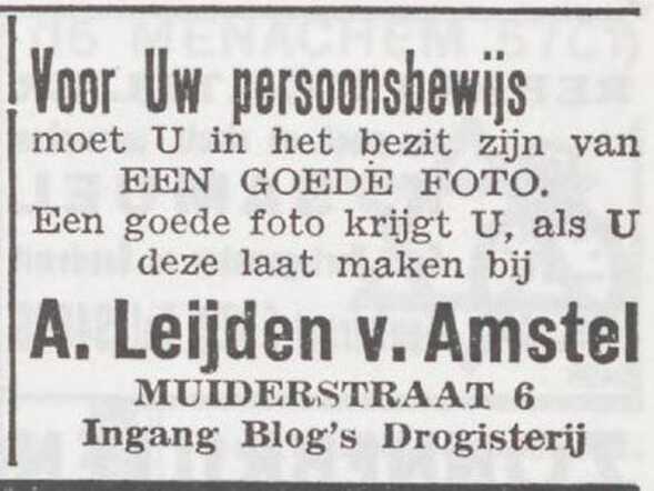 Advertentie van fotograaf Aron Leijden van Amstel