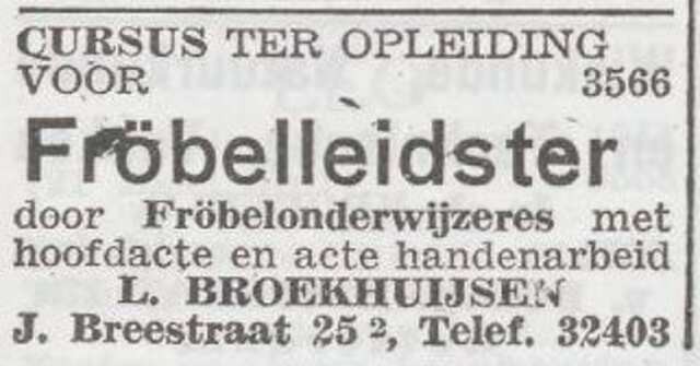 Advertentie van Fröbelonderwijzeres Lena Broekhuijsen