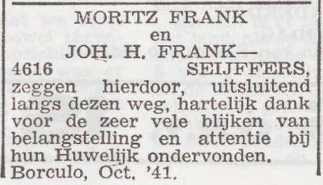 Dankbetuiging van het echtpaar Moritz en Johanna Frank