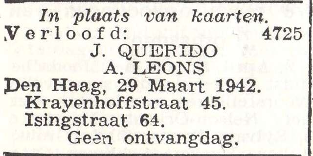 Vermelding van de verloving van Isaäc Adolf Leons en Judik Querido