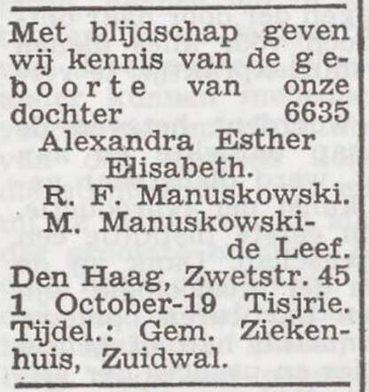 Bekendmaking van de geboorte van Alexandra Esther Betty Manuskowski