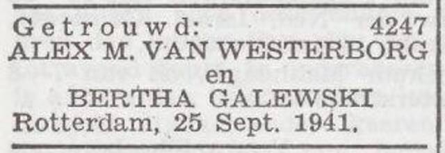 Bekendmaking van het huwelijk van Alex Marcel Westerborg en Baila Galewski