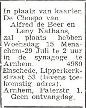 Aankondiging van de huwelijksinzegening van Abraham Hartog de Beer en Leentje Nathans