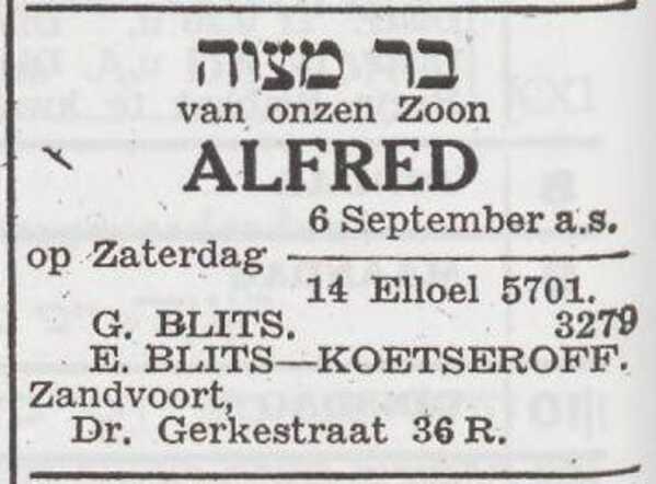 Aankondiging van de bar mitswa van Alfred Blits
