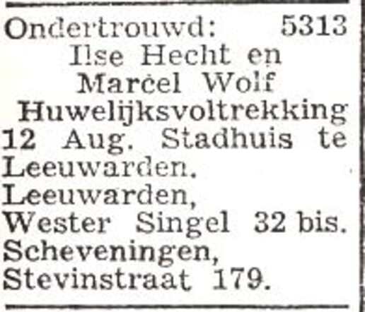 Bekendmaking van ondertrouw van Marcel Alfred Wolf en Ilse Hecht
