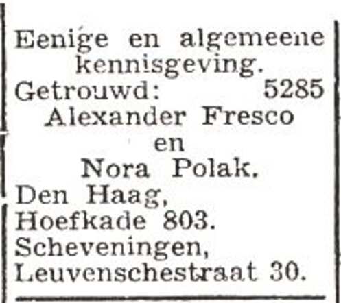 Bekendmaking van het huwelijk van Alexander Fresco en Leonora Cerine Polak