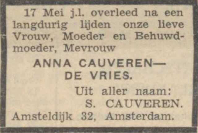 Algemeen Handelblad 31 mei 1940, avond, pag. 8. Overlijdensadv. Anna Cauveren-de Vries.