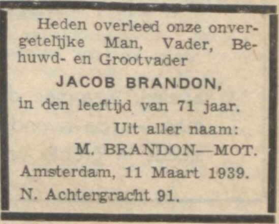 Algemeen Handelsblad 12 maart 1939, ochtend, pag. 11. Overlijdensadv. Jacob Brandon.