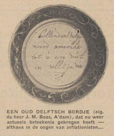 Algemeen Handelsblad 13 juli 1933, avond, pag. 4. Oud Delfts bordje eigenaar J.M. Boas A'dam.