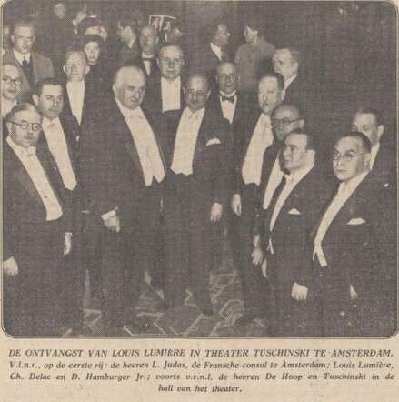 Algemeen Handelsblad 15 oktober 1935, avond, pag. 9. Ontvangst Louis Lumière in theater Turschinski te Amsterdam.