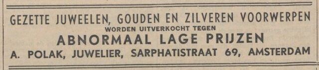 Algemeen Handelsblad, 16 juli 1938, Av.ed., pag. 5. Adv. A. Polak,  juwelier