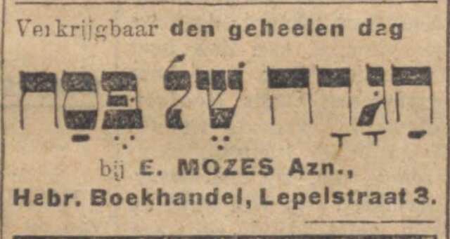 Algemeen Handelsblad 1 april 1928, ochtend, pag. 8. Adv. Eliazer Mozes.