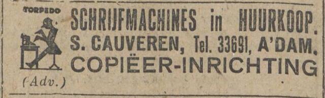 Algemeen Handelsblad 21 oktober 1925, ochtend, pag. 1. Adv. Salomon Cauveren.