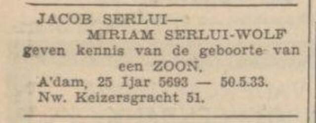 Algemeen Handelsblad, 22 mei 1933, avondeditie, pag. 8. Adv. Mozes Hileil Serlui.