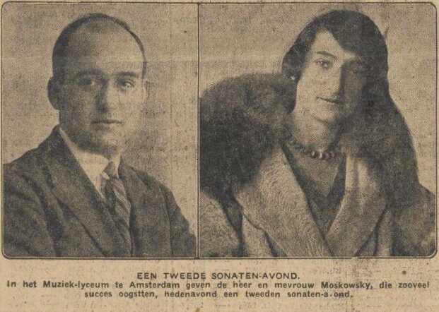Algemeen Handelsblad 23 februari 1929, pag. 13. Olga Moskowsky-Elias en echtgenoot Alexander.