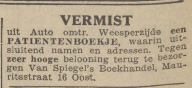 Algemeen Handelsblad 27 december 1940, avond, pag. 4. Adv. met naam boekhandel Van Spiegel.
