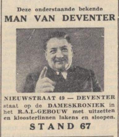 Algemeen Handelsblad 2 maart 1939, avond, pag. 8. Advertentie Samuel Noach alias "de man van Deventer".