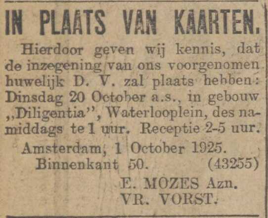 Algemeen Handelsblad 2 oktober 1925, avond, pag. 8. Huwelijksaankondiging Eliazer Mozes en Vrouwtje Vorst.
