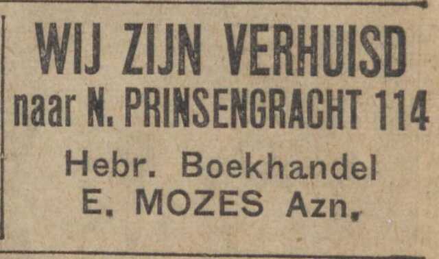 Algemeen Handelsblad 30 juli 1929, avond, pag. 8. Verhuisbericht Hebreeuwsche boekhandel E.Mozes.