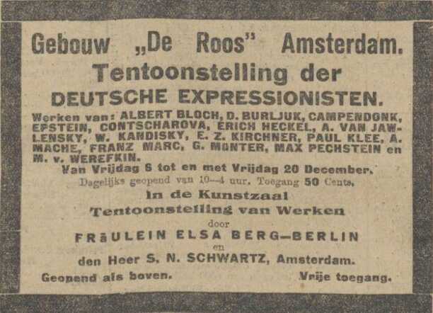 Algemeen Handelsblad 3 december 1912, ochtend, pag. 4. Adv. tentoonstelling Else Berg en Samuel N. Schwar(t)z? en Else Berg.
