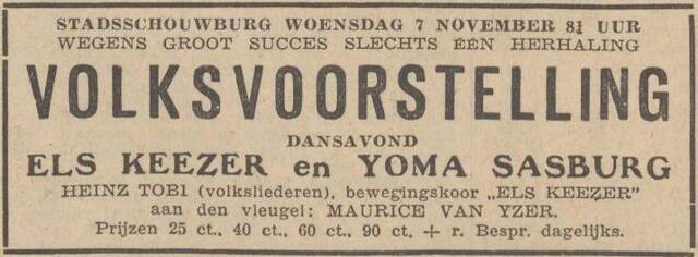 Algemeen Handelsblad 4 november 1934, ochtend, pag. 12. Adv. Dansavond met o.a. Elsa Viirginie (Elsa) Keezer in Stadsschouwburg A'dam.