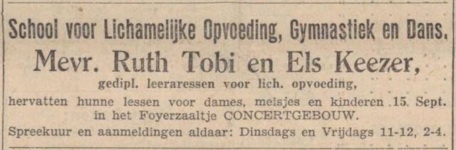 Algemeen Handelsblad 5 september 1931, avond, pag. 8. Adv. school Els Keezer en Ruth Tobi.