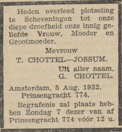 Algemeen Handelsblad 6 augustus 1932, pag. 8. Overlijdensadv. Taube Chottel-Jossum.