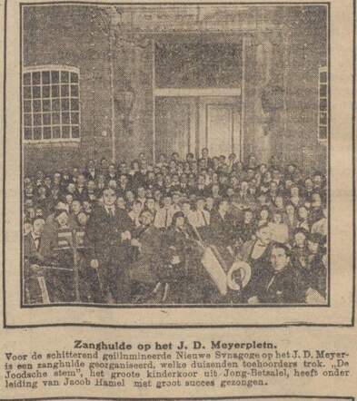 Algemeen Handelsblad 8 september 1923, avond, pag. 8. Kinderkoor "De Joodschse Stem" op Jonas Daniël Meijerplein A'dam.