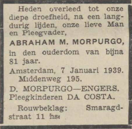Algemeen Handelsblad 9 januari 1939, avond, pag. 8. Overlijdensbericht Abraham M. Morpurgo.