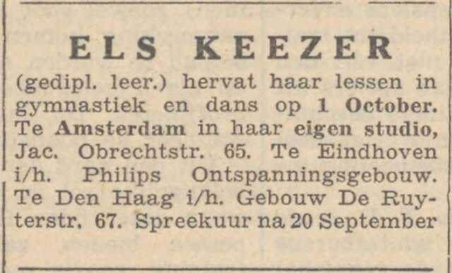 Algemeen Handelsblad 9 september 1939, avond, pag. 8. Adv. v. Elsa Virginie (Els) Keezer.