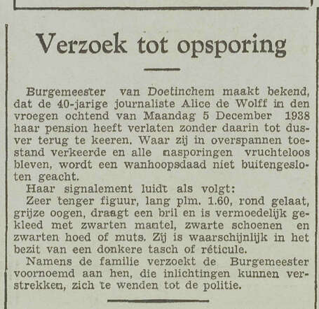 Opsporingsbericht voor alice de Wolff in 1938