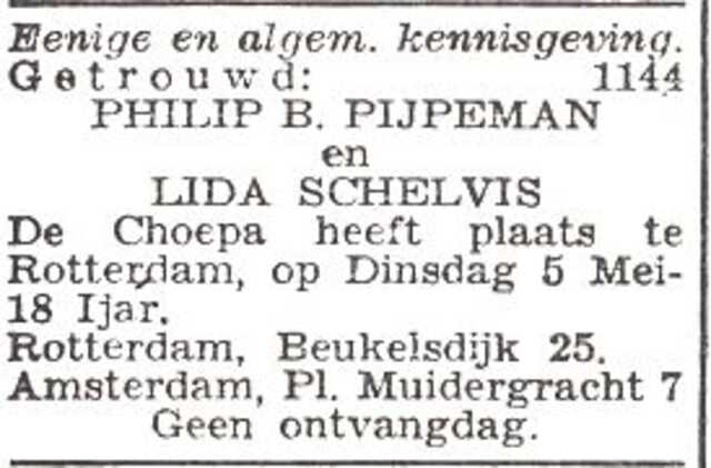 Aankondiging van de huwelijksinzegening van Alida Schelvis en Philip Benjamin Pijpeman