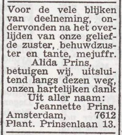 Dankbetuiging van de familie Prins