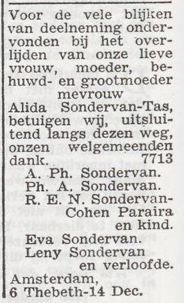 Dankbetuiging van de familie Sondervan