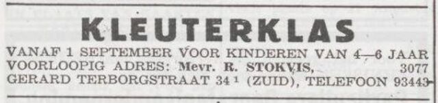 Advertentie van lerares Regina Stokvis-van Zuiden
