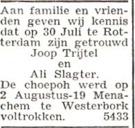 Bekendmaking van het huwelijk van Jozeph Trijtel en Alida Slagter